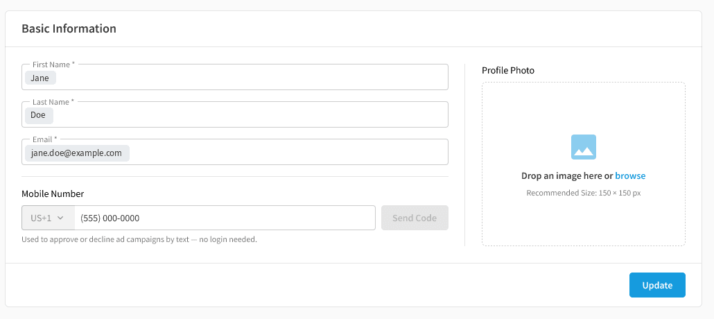 Profile page with an empty mobile number field, country-code selector, disabled Send Code button, and helper text explaining the number is used to approve or decline ad campaigns by text