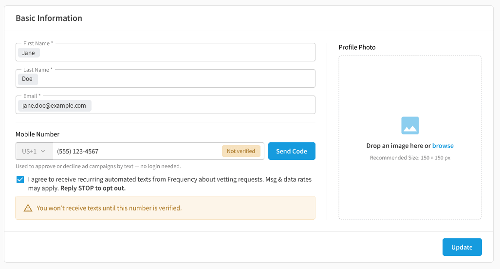 Profile page with an entered phone number marked Not verified, a consent checkbox stating the user agrees to receive recurring automated texts from Frequency about vetting requests with Reply STOP to opt out, and a warning that no texts are sent until the number is verified