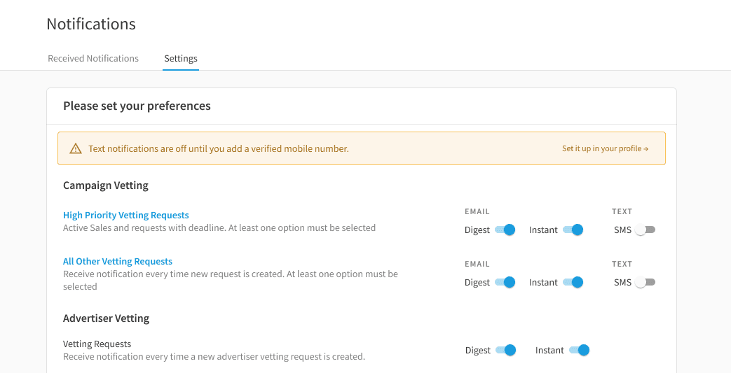 Notification settings page with per-notification SMS toggles switched off by default and a warning that text notifications are off until a verified mobile number is added