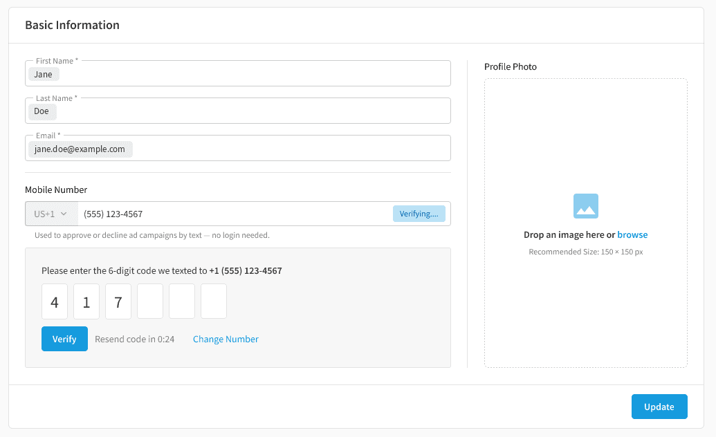 Verification step showing a 6-digit code entry form, a Verify button, a resend countdown, and a Change Number option