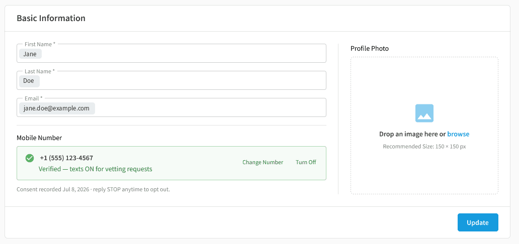 Profile page showing a verified phone number with texts enabled for vetting requests, the date consent was recorded, a STOP opt-out reminder, and Change Number and Turn Off controls