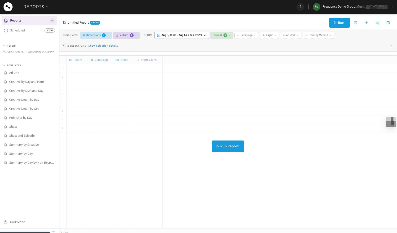 The Reports screen: ready-made reports listed down the left, and a toolbar across the top holding the dimensions and metrics pickers, a date range and the scope filters.