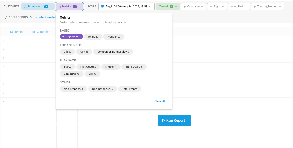 The metrics picker open, with measures grouped under basic, engagement, playback and other.